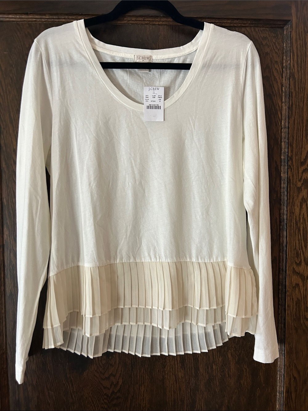 J. Crew Cream Long-Sleeve Top with Pleated Chiffon Tiered Hem